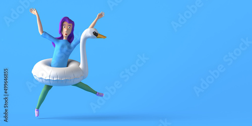 Young woman jumping with flamingo float. Summer concept. Copy space. 3D illustration.