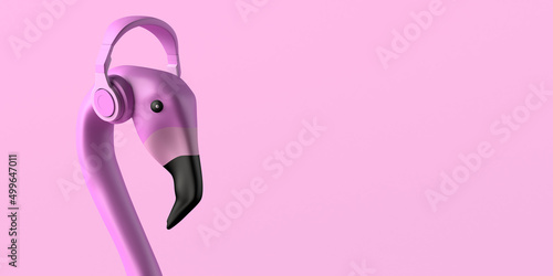 Fotobehang Summer entertainment concept with flamingo and headphones listening to music
