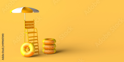 Beach lifeguard chair with inflatable floats. Summer safety. Copy space. 3D Illustration.