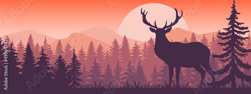 Deer with antlers posing on the top of the hill with mountains and the forest in background. Silhouette with orange and brown background  illustration. EPS