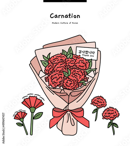 This flower is a carnation. In Korea, we give gifts to parents and teachers in May to show respect and appreciation. (Translation: Thank you.)