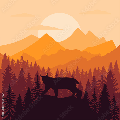 vector mountains forest woodland background texture with wild bobcat lynx sunset EPS