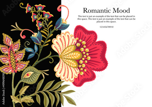 Fantasy flowers in retro, vintage, jacobean embroidery style. Template for wedding invitation, greeting card, banner, gift voucher, label. Vector illustration.