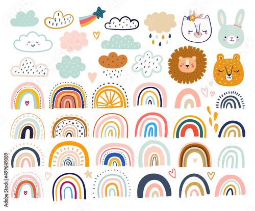 Rainbows and doodles collection. Summer trendy rainbows. Baby animals pattern. Illustrations for fabric design. Vector illustration with cute animals. Nursery baby pattern illustration