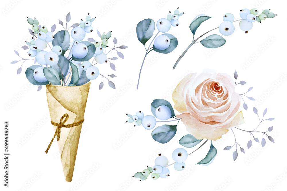 Set of snowberry, leaves and herbs in craft paper cornet, bouquet of white rose and snowberry and two snowberry branches isolated on white background. Hand drawn watercolor. Set of snowberry, leaves and herbs in craft paper cornet, bouquet of white rose and snowberry and two snowberry branches isolated on white background. Hand drawn watercolor.