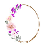 Oval frame with white and pink roses, purple bougainvillea flowers and green leaves, isolated on white background. Watercolor hand drawn. Copy space.