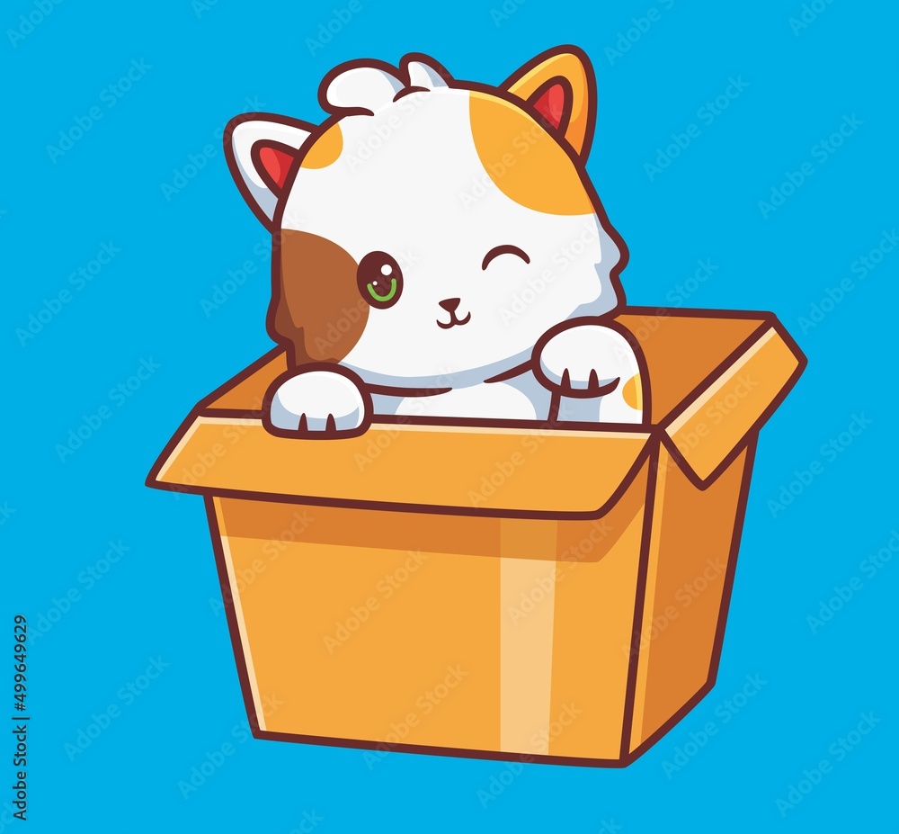 cute cat hide on the cardboard. isolated cartoon animal illustration. Flat Style Sticker Icon Design Premium Logo vector. Mascot Character cute cat hide on the cardboard. isolated cartoon animal illustration. Flat Style Sticker Icon Design Premium Logo vector. Mascot Character