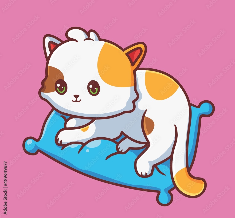 cute cat on the pillow for relaxation. isolated cartoon animal illustration. Flat Style Sticker Icon Design Premium Logo vector. Mascot Character cute cat on the pillow for relaxation. isolated cartoon animal illustration. Flat Style Sticker Icon Design Premium Logo vector. Mascot Character
