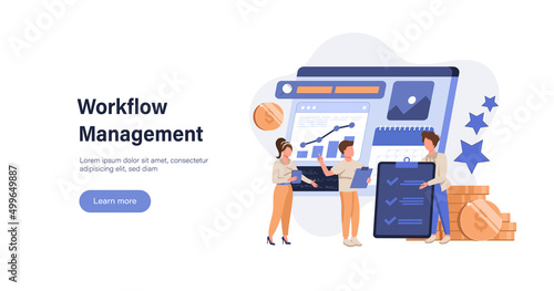 Business management abstract concept vector illustration set. Project management, workflow and leadership, waterfall and agile, development team, productivity software, coaching abstract metaphor