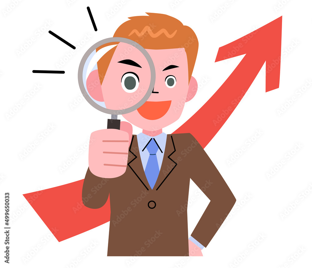 A businessman looking through a magnifying glass and upward arrow A businessman looking through a magnifying glass and upward arrow