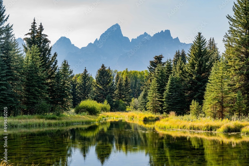 An overlooking landscape view of Grand Teton National Park, Wyom