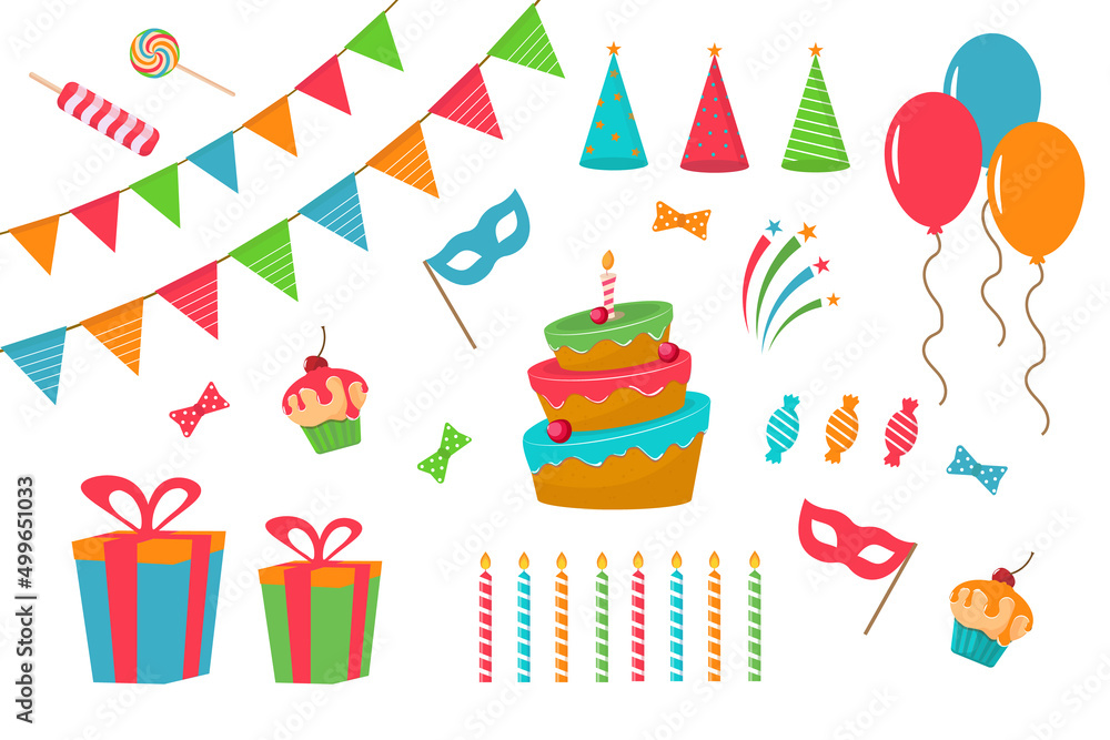 Birthday party decorations. Gifts, sweet cupcakes and birthday cake. Colorful balloons, holiday food and candy. Set of icons isolated vector illustrations