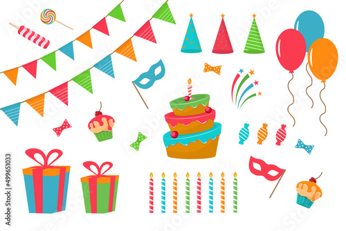 Birthday party decorations. Gifts  sweet cupcakes and birthday cake. Colorful balloons  holiday food and candy. Set of icons isolated vector illustrations