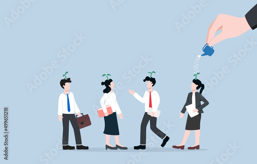 Business team growth mindset, set positive attitude for teammates, improve skill and creativity to achieve group project concept. Boss hand watering young plants on all employee heads.