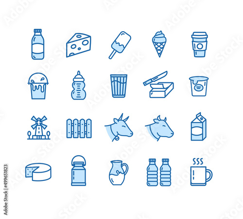 Fresh Milk Dairy Product Blue Thin Line Icon Set. Vector