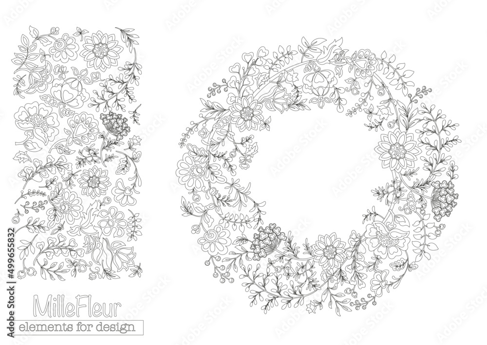 A lot of different fantasy flowers. Millefleurs trendy floral design. Blooming midsummer meadow seamless pattern. Clip art, set of elements for design Outline vector illustration. A lot of different fantasy flowers. Millefleurs trendy floral design. Blooming midsummer meadow seamless pattern. Clip art, set of elements for design Outline vector illustration.