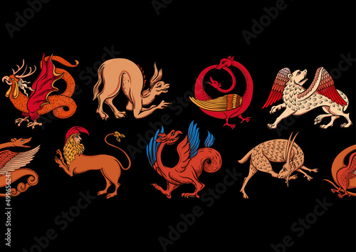 Medieval mythical animals, illuminati manuscript inspiration, romanesque style. Seamless pattern, background. Vector illustration.