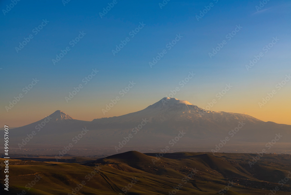 Beautiful panoramic view of the Ararat mountains. Mountains sunset landscape.