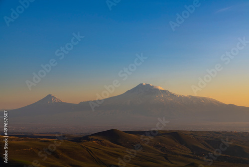 Beautiful panoramic view of the Ararat mountains. Mountains sunset landscape. © Inga Av