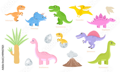 Set of cute dinosaurs. Cartoon funny Jurassic animals. Simple flat vector illustrations.