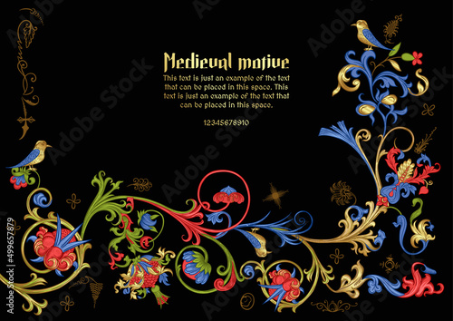 Floral vintage Medieval illuminati manuscript inspiration. Romanesque style. Template for greeting card, banner, gift voucher, label. Vector illustration