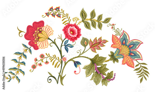 Fantasy flowers in retro, vintage, jacobean embroidery style. Element for design. Vector illustration.