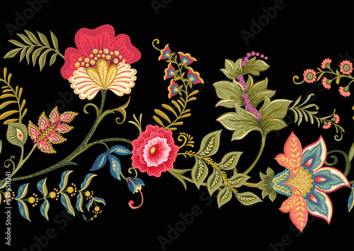 Fantasy flowers in retro, vintage, jacobean embroidery style. Border line seamless pattern on black background. Vector illustration.