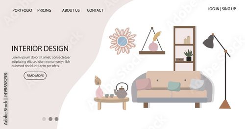 Landing page of interior design company or team of professionals website. Modern living room in Scandinavian or Japandi style. Calm colors, minimal design. Relaxing vibes.