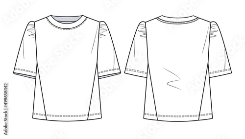 Women crew neck T-shirt fashion flat template. Girl short sleeves T-shirt fashion technical drawing template, front and back view, white.