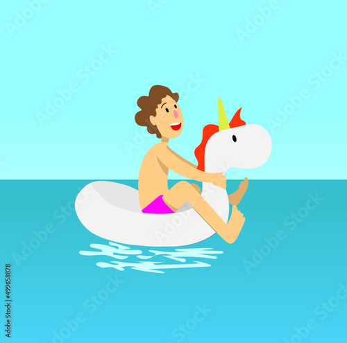 vector illustration of young man playing in water with a unicorn floater
