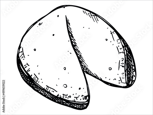 Vector hand drawn chinese fortune cookies isolated on white backgrounds. Food illustration. Crisp cookie with a blank piece of paper inside. For print, web, design, decor, logo.