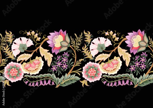 Fantasy flowers in retro, vintage, jacobean embroidery style. Border line seamless pattern on black background. Vector illustration.