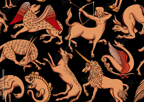 Medieval mythical animals, illuminati manuscript inspiration, romanesque style. Seamless pattern, background. Vector illustration.