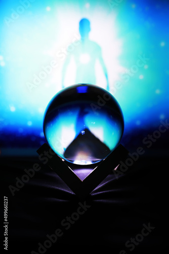Magic ball predictions. mysterious composition. Fortune teller, mind power, prediction concept. Space inside.