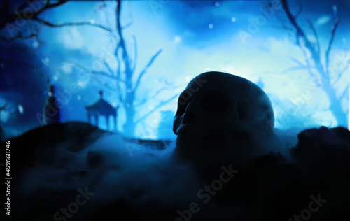 Skeleton Zombie Rising Out Of A GraveYard - Halloween. Mysterious magic ball predictions and smoke on dark scene. © alexkich