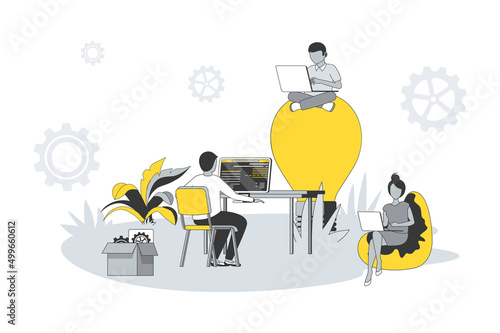 Coworking office concept in flat line design. People working on laptops and computers, communicate, generate ideas and brainstorming in open space. Vector illustration with outline scene for web