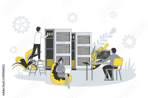 Data center concept in flat line design. People work in technical support in server room racks, maintain hardware, administer and monitor processes. Vector illustration with outline scene for web
