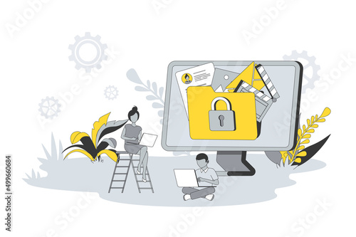 Data protection concept in flat line design. People store files and information using secure connection and passwords access, personal internet security. Vector illustration with outline scene for web