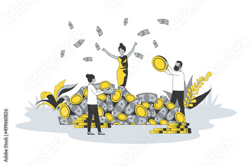 Finance and wealth concept in flat line design. People standing near to pile of money, holds coins and cash. Earnings, investment and financial success. Vector illustration with outline scene for web