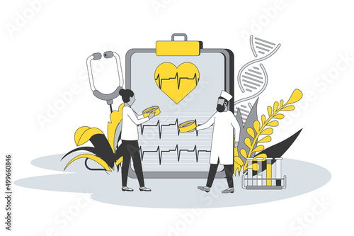 Healthcare and medicine concept in flat line design. People visit medical clinic, doctor consults patient, appointment and treatment in cardiology. Vector illustration with outline scene for web