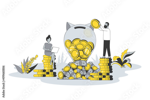 Investment money concept in flat line design. People accumulate savings, create success investment strategy, invest finances and earnings profit. Vector illustration with outline scene for web