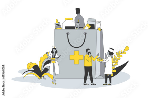Pharmacy concept in flat line design. People choose and buy drugs with doctors receipt, pharmacists advise buyers and select pills in drugstore. Vector illustration with outline scene for web