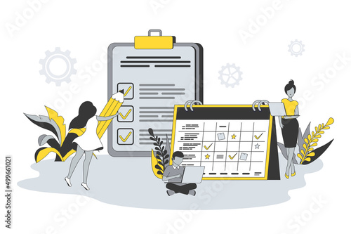 Planning and time management concept in flat line design. People schedule appointments on calendar, mark completed tasks on list and organize workflow. Vector illustration with outline scene for web
