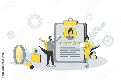 Recruiting and human resource concept in flat line design. People looking for new vacancies, managers read best resumes and select candidates at office. Vector illustration with outline scene for web