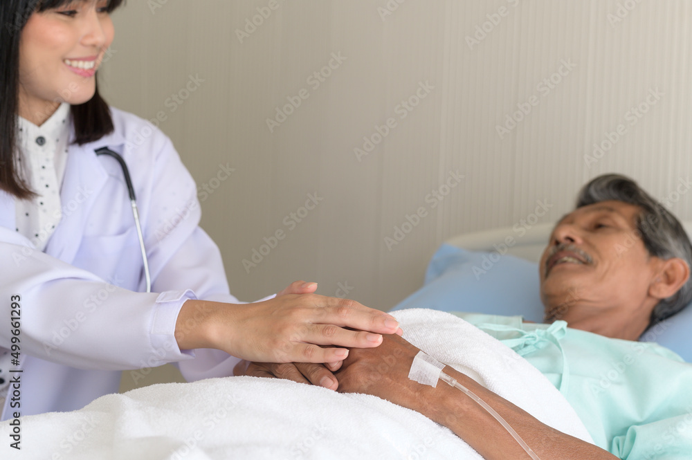 Fototapeta premium Doctor holding senior patient's hand in hospital, health care and medical concept..