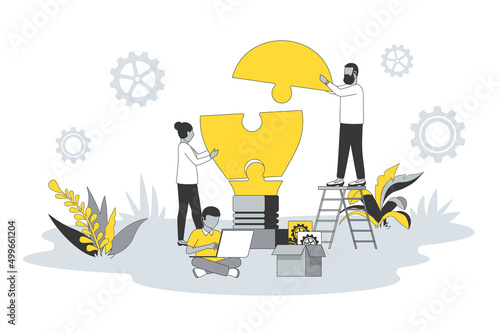Teamwork and brainstorming concept in flat line design. People generating new ideas, brainstorming, developing, collaborating and working together. Vector illustration with outline scene for web