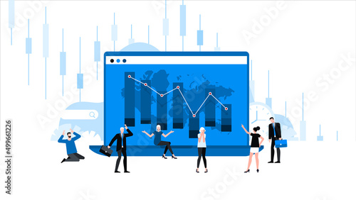 Panicking people in front of monitor with graph of falling stock prices. Animation ready duik friendly vector. Conceptual business story. Financial crisis, economic recession, bankruptcy, depression.