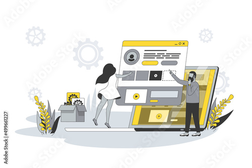 UI UX design concept in flat line design. People create layout and optimize places of buttons and navigation elements, testing user app interface. Vector illustration with outline scene for web