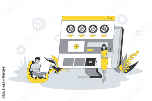 Web development concept in flat line design. People develop site layout, optimization, place blocks with content and buttons, work in team at studio. Vector illustration with outline scene for web