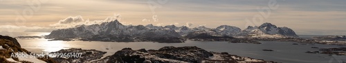 Panorama of mountain chain in Lofoten Norway. Vestv  g  y. In the image you can see Ballstad  Gravdal  Leknes  with Reine in the distance on the left and V  r  y out in the ocean. Spring day